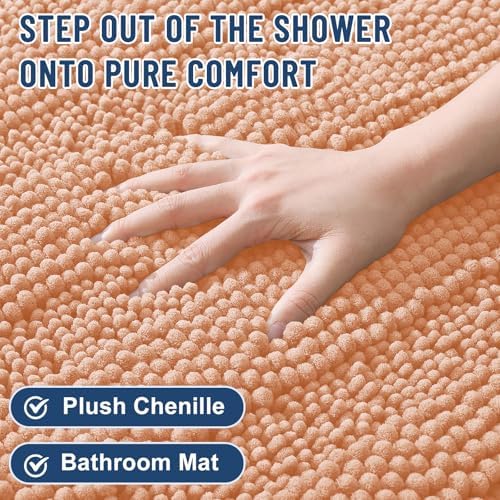 Grandaily Chenille Striped Bathroom Rugs 30x20, Extra Thick and Soft Absorbent Bath Mats, Rubber Backing, Plush Shaggy Shower Carpet, Machine Wash Dry, Bath Rug for Bathroom, Peach