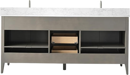 HOMEBEYOND 72" Bathroom Vanity with Double Sink, Solid Wood Bathroom Vanity Free-Standing Cabinet, Ceramic Top & Soft Closing Door, Golden Brushed Handware, Driftwood Gray