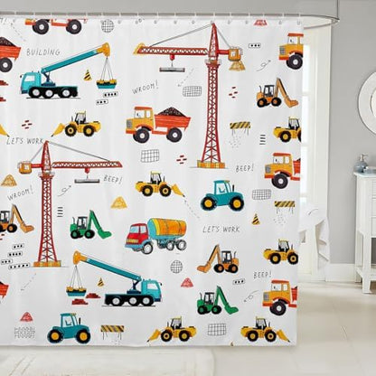 Feelyou Construction Truck Shower Curtain Cartoon Excavator Vehicle Tractor Cars for Boys Kids Machinery Navy Blue Green Yellow Bathroom Decor Waterproof Fabric Decor with Hooks,72x72 Inches