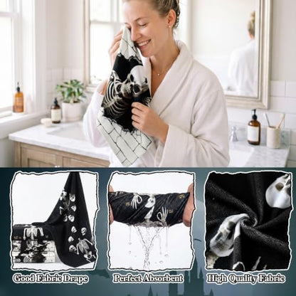 FuWeave 8 Pcs Halloween Shower Curtain Set, Skeleton Breakthrough Bathroom Decor with 3D Wall-Breaking Skull, Include Non-Slip Bath Mat, Toilet Lid Cover, Towels and 12 Hooks for Gothic Bathroom