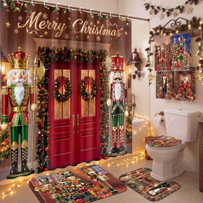 FuWeave 8 Pcs Christmas Shower Curtain Set for Bathroom Decor Include Vintage Nutcracker Xmas Tree Towels Christmas Non Slip Wreath Gift Rugs Toilet Lid Cover Poinsettia Bath Mat and 12 Hooks