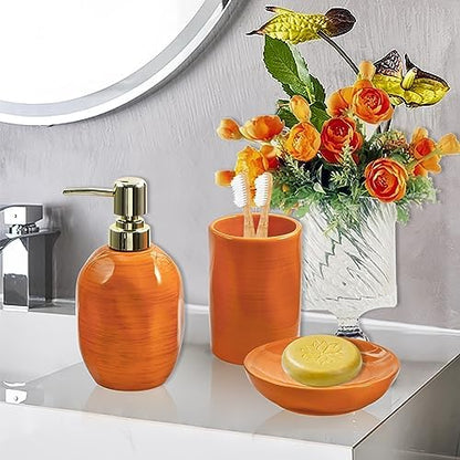 Burnt Orange Bathroom Accessories Set, 3PC Ceramic Bathroom Sets Complete, Toothbrush Holders, Soap Dispenser, Soap Dish, Vibrant Bathroom Decor, Bathroom Organizer for Countertop