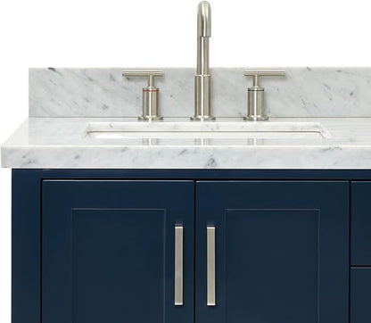 ARIEL Magnolia 60-inch Bathroom Vanity with Sink,Solid Wood, 1.5-inch Italian Carrara Marble Countertop, Double Rectangular Porcelain Sink, 4 Soft Closing Doors, 3 Dovetail Drawers, Midnight Blue