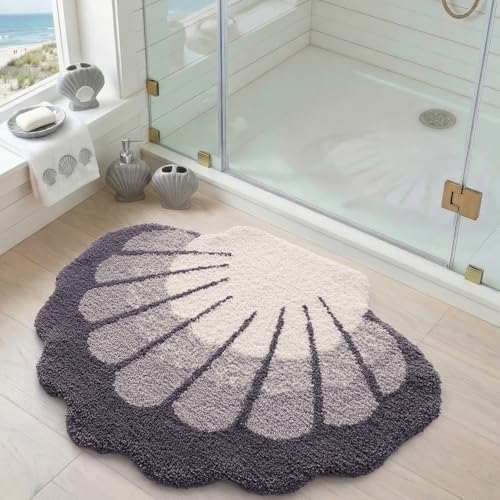 DEXI Cute Seashell Bath Mat, Coastal Scallop Bathroom Rug, 31x24 Grey