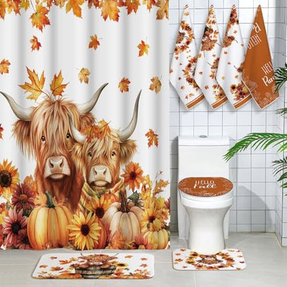 Honoson 8 Pcs Highland Cow Shower Curtain Set with Rugs and Towels