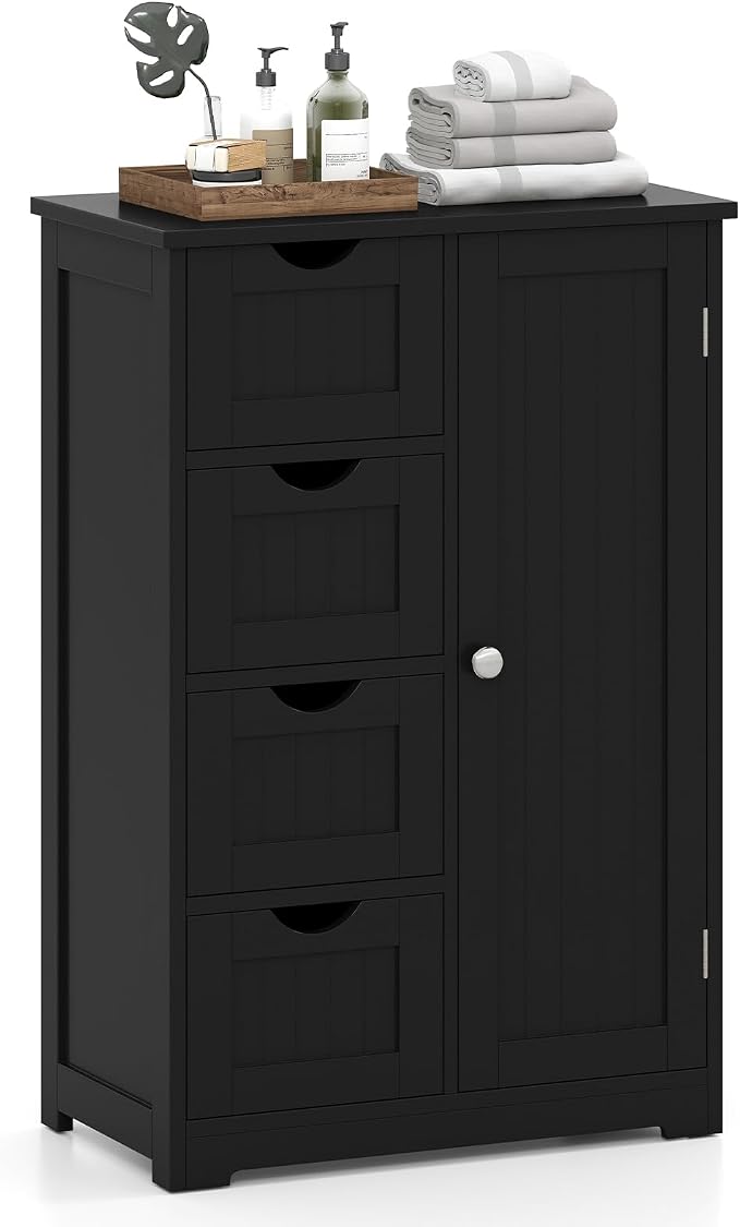 Giantex Bathroom Storage Cabinet with Drawers - 4 Drawer Storage Organizer w/Cupboard, Adjustable Shelf, Anti-Toppling Device, Entryway Storage Unit Console Table, Bathroom Floor Cabinet (Black)