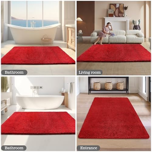 Yeaban Chenille Red Bathroom Rug 36"x60",Non-Slip Rubber Backing