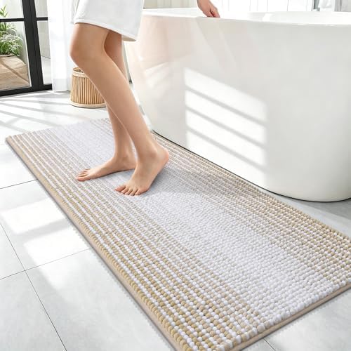 OLANLY Bathroom Runner Rugs 47x17, Soft Chenille Striped Bath Rugs, Beige