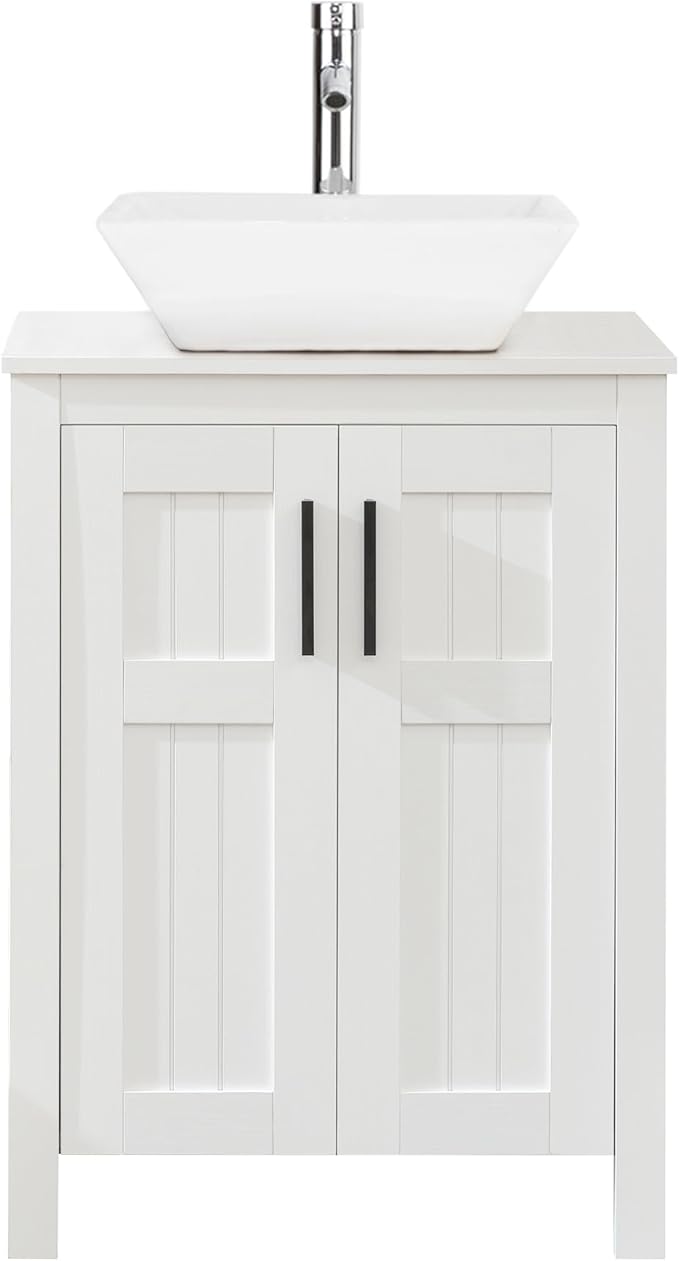UEV White 24" Bathroom Vanity with Sink Combo,Modern Vanity with Vessel Sink,Stylish Bathroom Vanity Cabinet,Grooved Doors & Metal Handles,Modern White Square Bowl Ceramic Vessel Sink(A07)