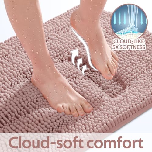 ACCUMTEK Striped Dusty Pink Bathroom Rug Mat Set 2 piece 24"x17"+48"x20" Ultra Soft, Non Slip Chenille Bath Rugs, Absorbent Plush Shaggy Bath Mats for Bathroom, Bedroom, Kitchen, Shower, Tub