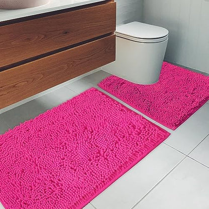 Bathroom Rugs Chenille Bath mat 2 Piece Set, Super Absorbent, Strong PVC Non Slip Backing, Bath mats for Bathroom, Plush Shaggy, Thick, Machine Washable, Bathtub, Toilet.(Hot Pink)