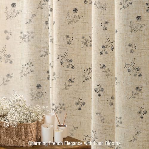Black Floral Farmhouse Vintage Linen Shower Curtain French Country 72Wx84H