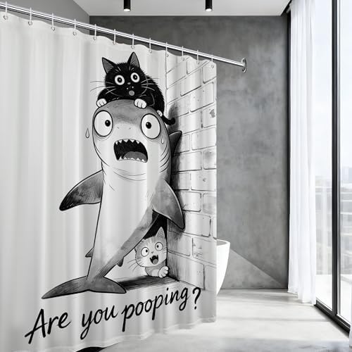 Extra Tall Shower Curtain XL Fun Cat Riding Shark, 70 x 84 Inchs