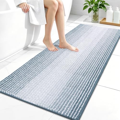 OLANLY Bathroom Runner Rugs 47x24, Chenille Striped Bath Rugs, Airy Blue