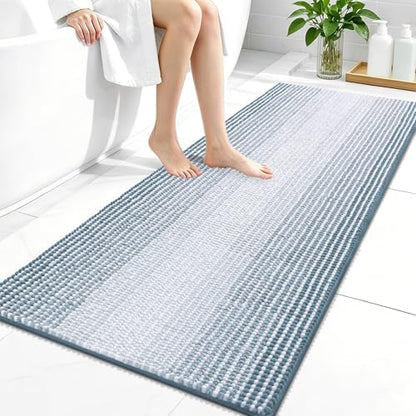 OLANLY Bathroom Runner Rugs 47x24, Chenille Striped Bath Rugs, Airy Blue