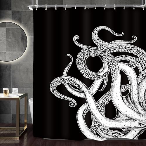 Miyotaa Black White Octopus Shower Curtain Set 60Wx71H Inches Sea Monster Kraken Man Cool Waterproof Bathroom Curtain with 12 Hooks