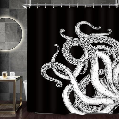 Miyotaa Black White Octopus Shower Curtain Set 60Wx71H Inches Sea Monster Kraken Man Cool Waterproof Bathroom Curtain with 12 Hooks