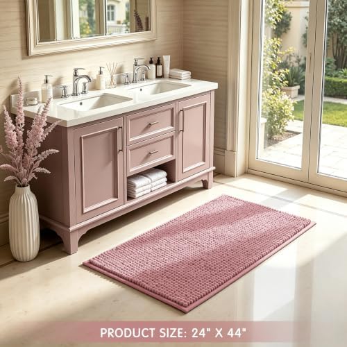SUBRTEX Bathroom Rugs, 24" x 44" Chenille Bath Rug Soft Short Plush Bath Mat Soft Shower Mat Water Absorbent Shower Mat Quick Dry Machine Washable, Pink