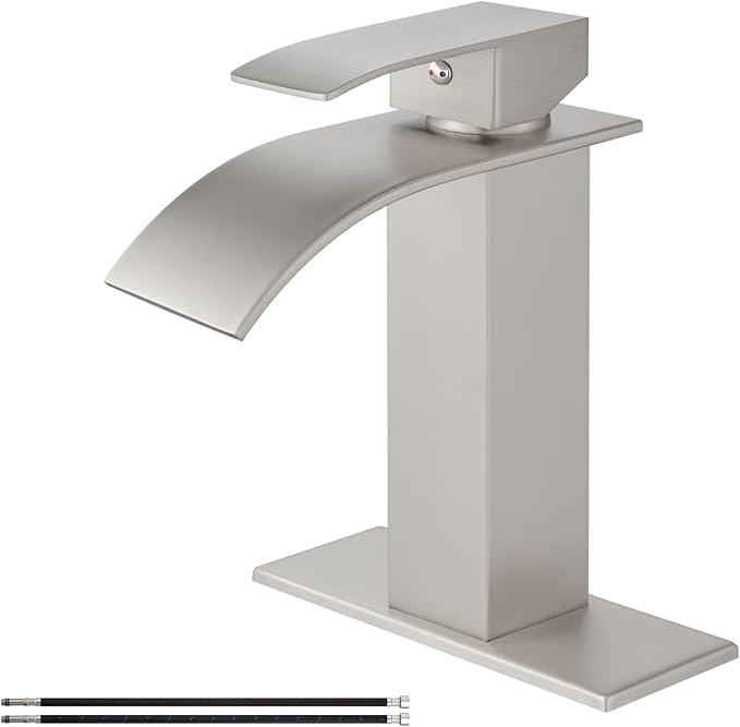 Airuida Waterfall Bathroom Faucet Brushed Nickel Single Handle Single Hole Bathroom Sink Faucet 1 or 3 Hole Basin Mixer Tap, Rv Lavatory Vanity Faucet with Deck Plate and Supply Lines