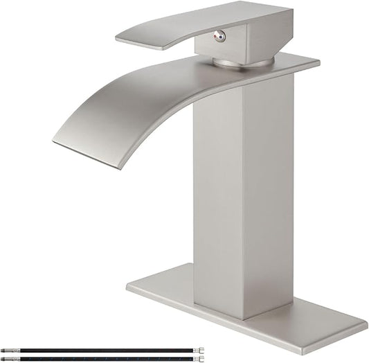 Airuida Waterfall Bathroom Faucet Brushed Nickel Single Handle Single Hole Bathroom Sink Faucet 1 or 3 Hole Basin Mixer Tap, Rv Lavatory Vanity Faucet with Deck Plate and Supply Lines