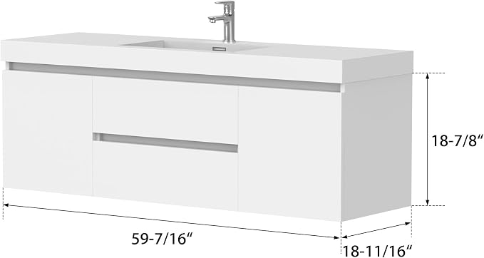 Vanity Art 60 Inch Single Sink Wall Mounted Bathroom Vanity Set 2 Drawers Storage Cabinet with White Engineered Stone Top Undermount Rectangle Sink High-Glossy