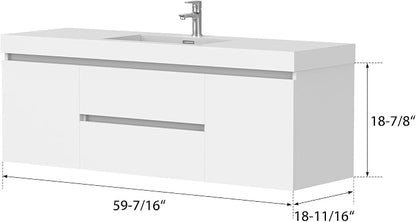 Vanity Art 60 Inch Single Sink Wall Mounted Bathroom Vanity Set 2 Drawers Storage Cabinet with White Engineered Stone Top Undermount Rectangle Sink High-Glossy