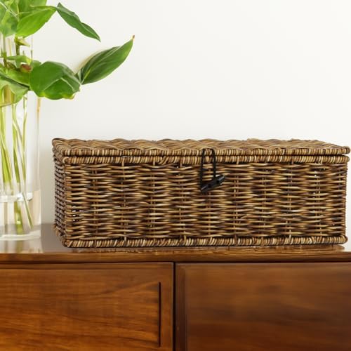 Waterproof Wicker Storage Basket with Lid and Dividers, Brown