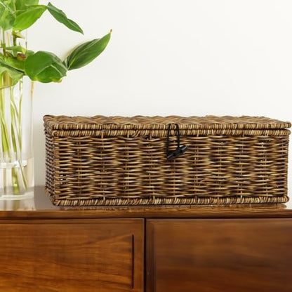 Waterproof Wicker Storage Basket with Lid and Dividers, Brown