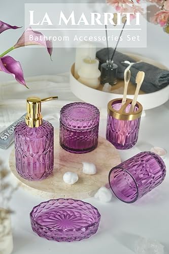 LaMrriti Purple Bathroom Accessories Set 5 Pcs, Glass Bathroom Set