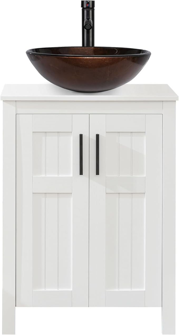 UEV White 24" Bathroom Vanity with Sink Combo,Modern Vanity with Vessel Sink,Stylish Bathroom Vanity Cabinet,Grooved Doors & Metal Handles,Modern Bronze Round Bowl Tempered Glass Vessel Sink(A09)