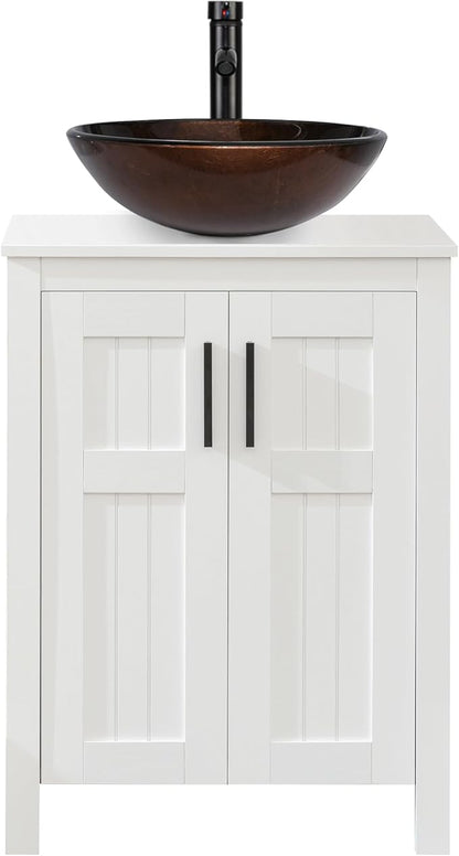 UEV White 24" Bathroom Vanity with Sink Combo,Modern Vanity with Vessel Sink,Stylish Bathroom Vanity Cabinet,Grooved Doors & Metal Handles,Modern Bronze Round Bowl Tempered Glass Vessel Sink(A09)