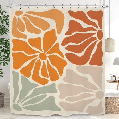 Matisse Flower Shower Curtain 60Wx72L Inch Abstract Retro Aesthetic Minimalist Vintage Art 70s Modern Orange Green Tan Bathroom Set Accessories Decor with 12 Pack Hooks