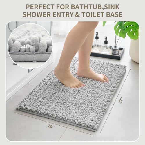Bathroom Rugs Non Slip Washable 32x20, Extra Thick Soft Chenille Absorbent Bath Mat, High Density Barrier Non Slip Backing, Quick Dry Plush Shaggy Floor Carpet for Tub&Shower, Silver