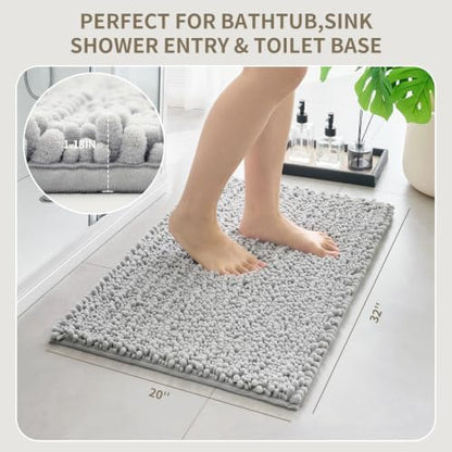 Bathroom Rugs Non Slip Washable 32x20, Extra Thick Soft Chenille Absorbent Bath Mat, High Density Barrier Non Slip Backing, Quick Dry Plush Shaggy Floor Carpet for Tub&Shower, Silver