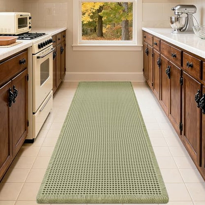 IM HOME Christmas Waffle Runner Rug Green 6'x2'(72" x 24"), Boho Woven Modern Bath Mat Rugs, Absorbent Non Slip Bathroom Rugs, Soft Washable Bath Rugs with Tassels for Bedroom, Kitchen, Shower, Tub