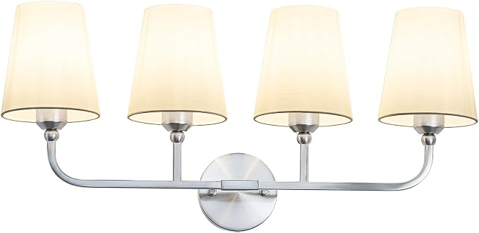 Bathroom Vanity Light Brushed Nickel Bathroom Lighting Fixtures Over Mirror | 4-Light Bathroom Light Fixtures with Flared White Fabric Shade, E26 Socket (ETL Listed)