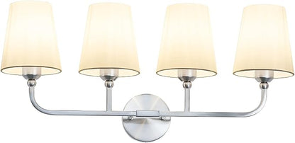 Bathroom Vanity Light Brushed Nickel Bathroom Lighting Fixtures Over Mirror | 4-Light Bathroom Light Fixtures with Flared White Fabric Shade, E26 Socket (ETL Listed)
