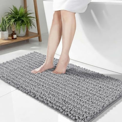 Disolla Grey Bathroom Rug 24x44 Inch - Thick Chenille Bath Mat, Large Shaggy Plush Absorbent Rug, Non-Slip Machine Washable Floor Mat for Double Vanity