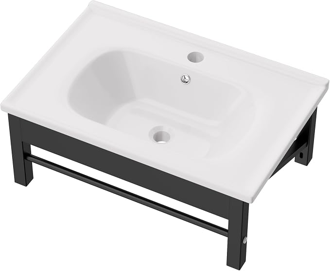 Lordear Wall Mounted Bathroom Sink with Towel Rack 24 x 16 Inch Modern Black Wall Hung Sink for ADA Bathrooms, Rectangular One Hole Porcelain Vanity Sinks