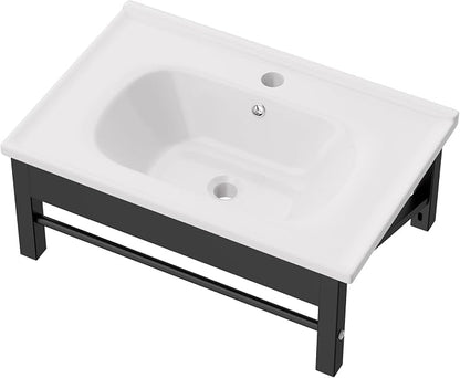 Lordear Wall Mounted Bathroom Sink with Towel Rack 24 x 16 Inch Modern Black Wall Hung Sink for ADA Bathrooms, Rectangular One Hole Porcelain Vanity Sinks