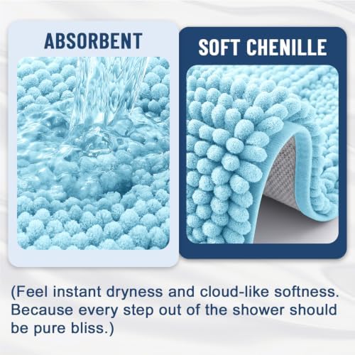 Grandaily Chenille Striped Bathroom Rugs 24x16, Extra Thick and Soft Absorbent Bath Mats, Rubber Backing, Plush Shaggy Shower Carpet, Machine Wash Dry, Bath Rug for Bathroom, Sky Blue