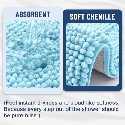Grandaily Chenille Striped Bathroom Rugs 24x16, Extra Thick and Soft Absorbent Bath Mats, Rubber Backing, Plush Shaggy Shower Carpet, Machine Wash Dry, Bath Rug for Bathroom, Sky Blue