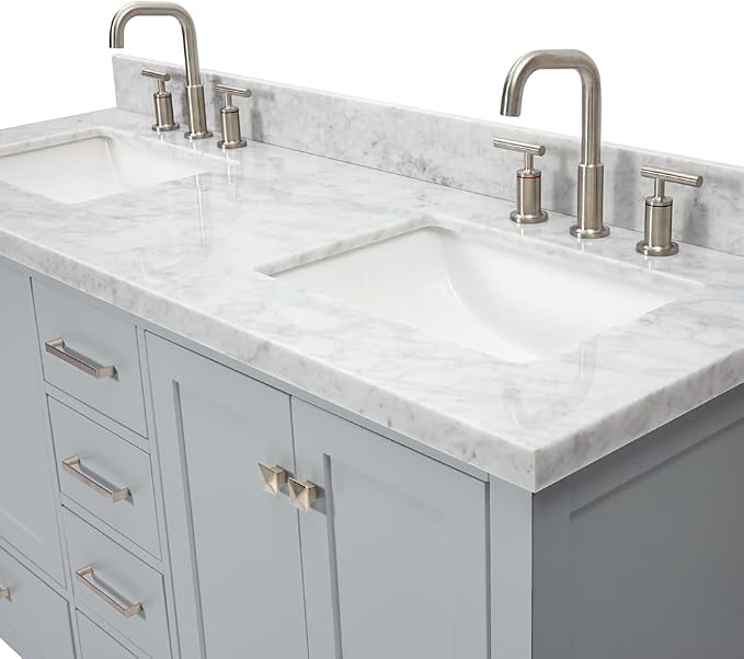ARIEL Cambridge 60-inch Bathroom Vanity with Sink,Solid Wood, 1.5-inch Italian Carrara Marble Countertop, Double Rectangular Porcelain Sink, 4 Soft Closing Doors, 6 Dovetail Drawers, Grey