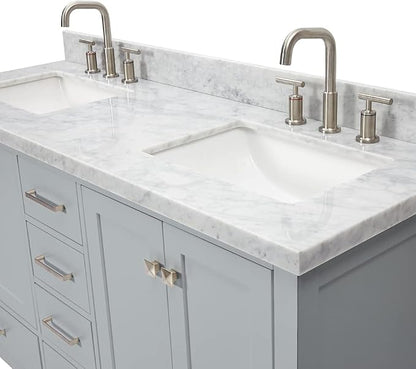 ARIEL Cambridge 60-inch Bathroom Vanity with Sink,Solid Wood, 1.5-inch Italian Carrara Marble Countertop, Double Rectangular Porcelain Sink, 4 Soft Closing Doors, 6 Dovetail Drawers, Grey