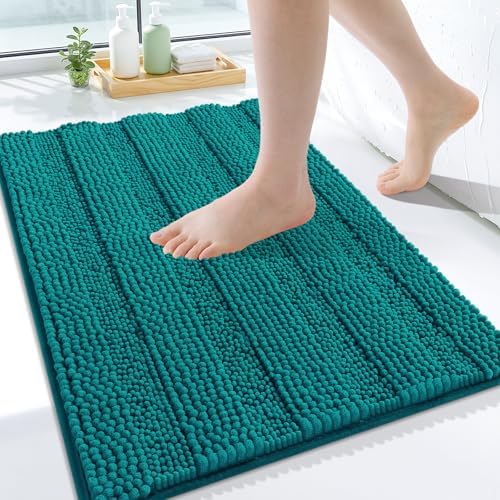 Grandaily Chenille Striped Bathroom Rugs 24x16, Extra Thick and Soft Absorbent Bath Mats, Rubber Backing, Plush Shaggy Shower Carpet, Machine Wash Dry, Bath Rug for Bathroom, Deep Lake