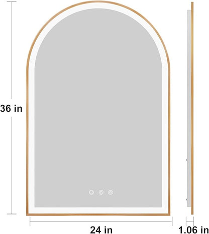 Arched LED Mirror for Bathroom 24"x36", Orange Gold LED Bathroom Mirror with Lights, Fogless, Dimmable, Shatterproof, Touch Sensor, 3 Color Changing