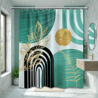 Teal and Gold Extra Long Shower Curtain, Tall 72X84 in, Mid Century