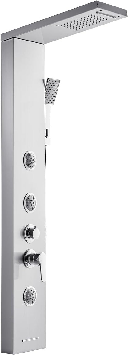 VEVOR Shower Panel Tower System with Rainfall Waterfall Shower Head, 53 in Brushed Stainless Steel Shower Column, 5-Function Faucet, Wall-Mount Rain Massage System with 3 Body Jet, Handheld, Tub Spout