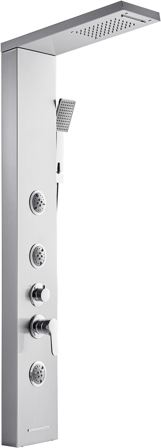 VEVOR Shower Panel Tower System with Rainfall Waterfall Shower Head, 53 in Brushed Stainless Steel Shower Column, 5-Function Faucet, Wall-Mount Rain Massage System with 3 Body Jet, Handheld, Tub Spout