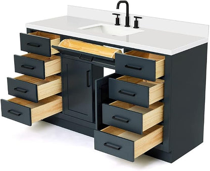 ARIEL Hepburn 60-inch Bathroom Vanity with Sink,Solid Wood, 1.5-inch Pure White Quartz Countertop, Single Rectangular Porcelain Sink, 2 Soft Closing Doors, 9 Dovetail Drawers, Midnight Blue